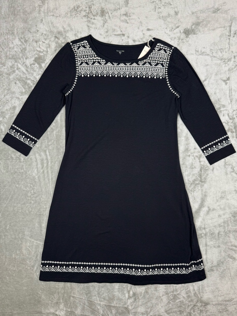 NWT Garnet Hill Black Embroidered Knit Dress Shift Dress Organic Cotton Small